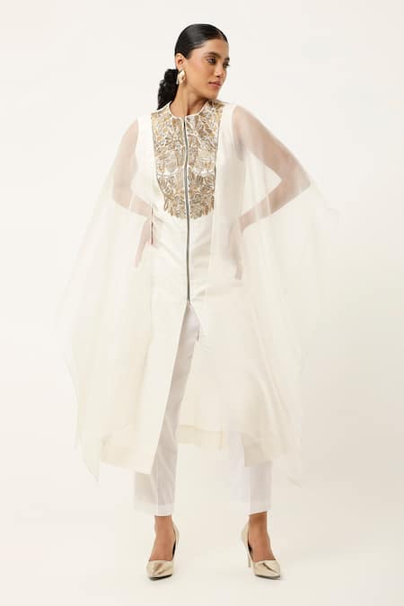 Jajaabor_Ivory Organza, Satin, , Chanderi Flora Yoke Kurta With Pant _at_Aza_Fashions