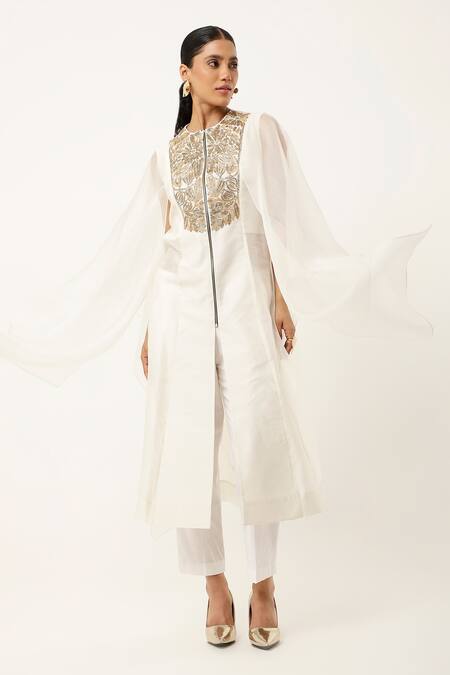 Buy_Jajaabor_Ivory Organza, Satin, , Chanderi Flora Yoke Kurta With Pant 