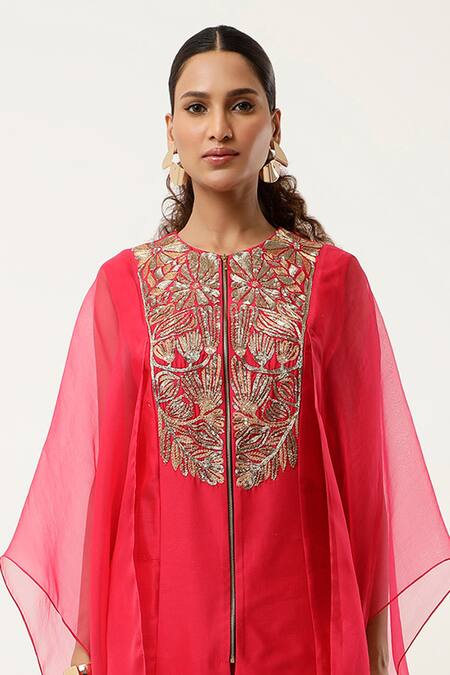 Buy Jajaabor Pink Organza, Satin, Embroidery Round Neck Cape Kurta With Pant Online at Aza Fashions Buy_Jajaabor_Pink Organza, Satin, Embroidery Round Neck Cape Kurta With Pant _Online_at_Aza_Fashions