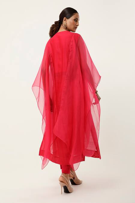 Buy Jajaabor Pink Organza, Satin, Embroidery Round Neck Cape Kurta With Pant Buy_Jajaabor_Pink Organza, Satin, Embroidery Round Neck Cape Kurta With Pant