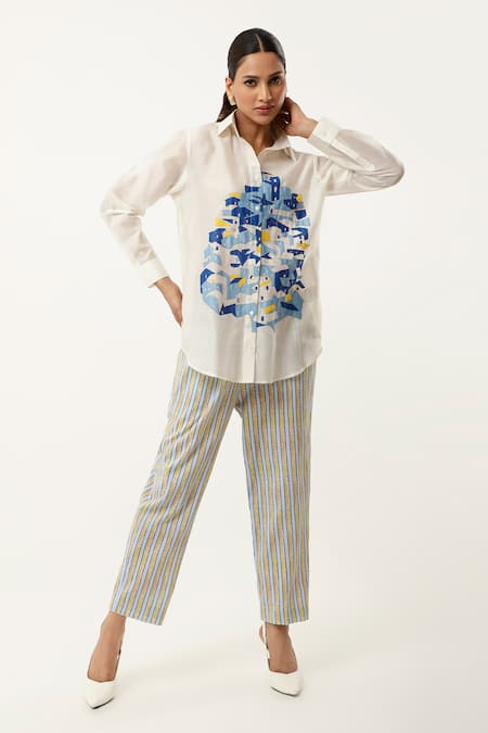 Jajaabor Embroidered Shirt With Stripe Print Pant 