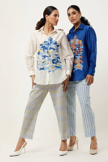 Jajaabor Ivory Silk Chanderi Embroidered Cutwork Collared Shirt With Stripe Print Pant Online at Aza Fashions Jajaabor_Ivory Silk Chanderi Embroidered Cutwork Collared Shirt With Stripe Print Pant _Online_at_Aza_Fashions