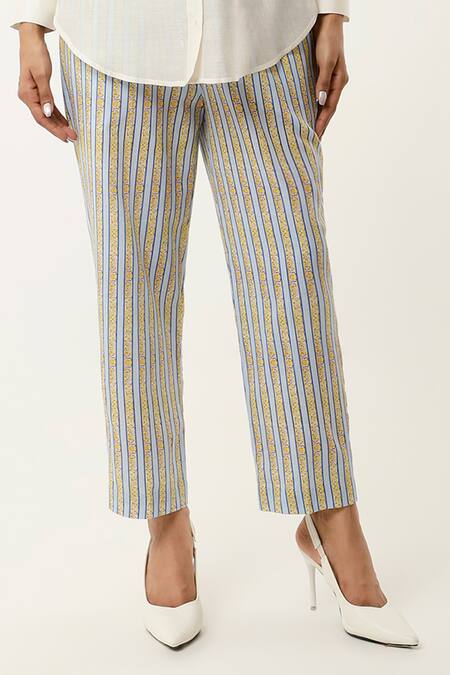 Buy Jajaabor Ivory Silk Chanderi Embroidered Cutwork Collared Shirt With Stripe Print Pant Online at Aza Fashions Buy_Jajaabor_Ivory Silk Chanderi Embroidered Cutwork Collared Shirt With Stripe Print Pant _Online_at_Aza_Fashions