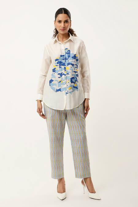 Shop Jajaabor Ivory Silk Chanderi Embroidered Cutwork Collared Shirt With Stripe Print Pant Online at Aza Fashions Shop_Jajaabor_Ivory Silk Chanderi Embroidered Cutwork Collared Shirt With Stripe Print Pant _Online_at_Aza_Fashions