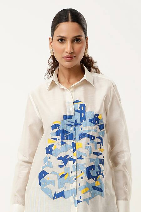 Jajaabor Ivory Silk Chanderi Embroidered Cutwork Collared Shirt With Stripe Print Pant at Aza Fashions Jajaabor_Ivory Silk Chanderi Embroidered Cutwork Collared Shirt With Stripe Print Pant _at_Aza_Fashions