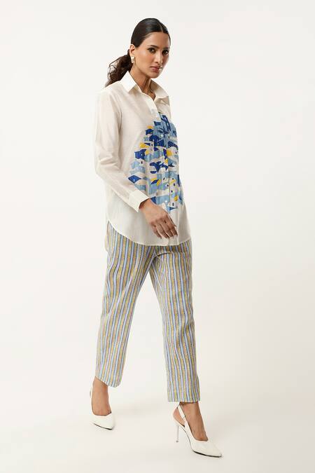 Buy Jajaabor Ivory Silk Chanderi Embroidered Cutwork Collared Shirt With Stripe Print Pant Buy_Jajaabor_Ivory Silk Chanderi Embroidered Cutwork Collared Shirt With Stripe Print Pant