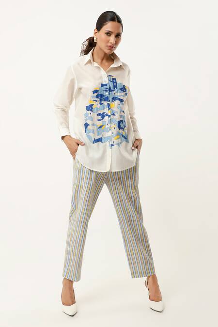 Shop Jajaabor Ivory Silk Chanderi Embroidered Cutwork Collared Shirt With Stripe Print Pant Shop_Jajaabor_Ivory Silk Chanderi Embroidered Cutwork Collared Shirt With Stripe Print Pant