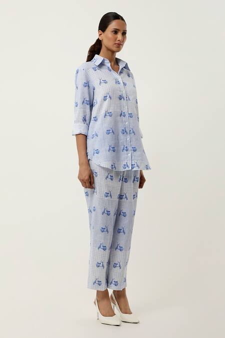 Jajaabor Blue Cotton Linen Printed Scooter Collared Shirt With Pant Online at Aza Fashions Jajaabor_Blue Cotton Linen Printed Scooter Collared Shirt With Pant _Online_at_Aza_Fashions