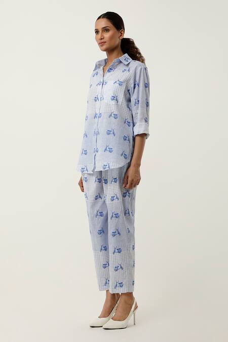 Buy Jajaabor Blue Cotton Linen Printed Scooter Collared Shirt With Pant Online at Aza Fashions Buy_Jajaabor_Blue Cotton Linen Printed Scooter Collared Shirt With Pant _Online_at_Aza_Fashions