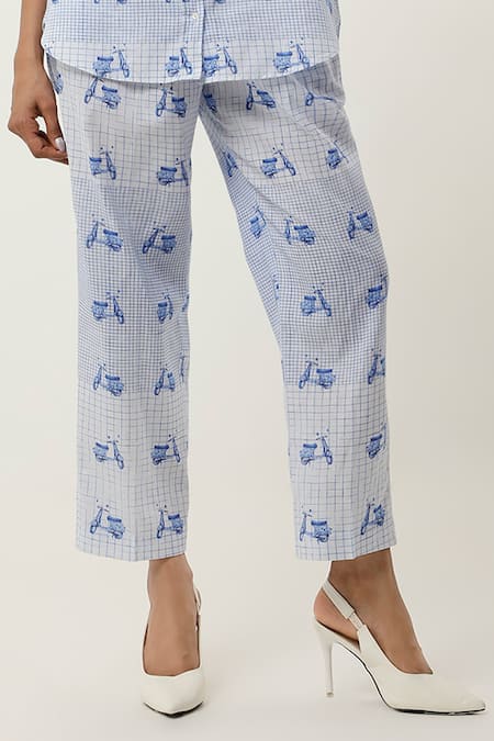 Shop Jajaabor Blue Cotton Linen Printed Scooter Collared Shirt With Pant Online at Aza Fashions Shop_Jajaabor_Blue Cotton Linen Printed Scooter Collared Shirt With Pant _Online_at_Aza_Fashions