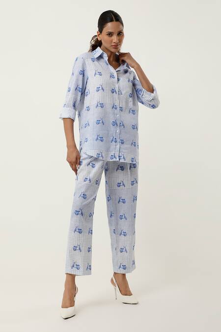 Jajaabor Blue Cotton Linen Printed Scooter Collared Shirt With Pant at Aza Fashions Jajaabor_Blue Cotton Linen Printed Scooter Collared Shirt With Pant _at_Aza_Fashions
