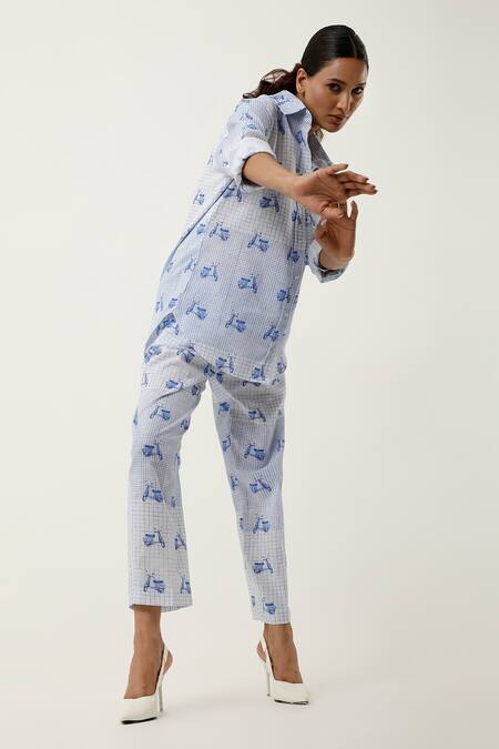 Buy Jajaabor Blue Cotton Linen Printed Scooter Collared Shirt With Pant Buy_Jajaabor_Blue Cotton Linen Printed Scooter Collared Shirt With Pant