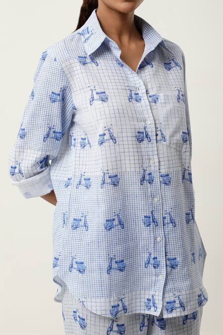 Shop Jajaabor Blue Cotton Linen Printed Scooter Collared Shirt With Pant Shop_Jajaabor_Blue Cotton Linen Printed Scooter Collared Shirt With Pant