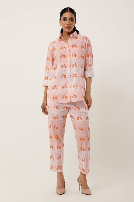 Jajaabor Orange Cotton Linen Printed Collared Scooter Shirt And Pant Set Online at Aza Fashions Jajaabor_Orange Cotton Linen Printed Collared Scooter Shirt And Pant Set _Online_at_Aza_Fashions