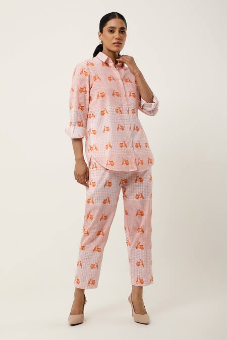Buy Jajaabor Orange Cotton Linen Printed Collared Scooter Shirt And Pant Set Online at Aza Fashions Buy_Jajaabor_Orange Cotton Linen Printed Collared Scooter Shirt And Pant Set _Online_at_Aza_Fashions