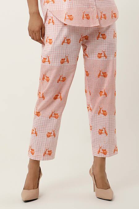 Shop Jajaabor Orange Cotton Linen Printed Collared Scooter Shirt And Pant Set Online at Aza Fashions Shop_Jajaabor_Orange Cotton Linen Printed Collared Scooter Shirt And Pant Set _Online_at_Aza_Fashions