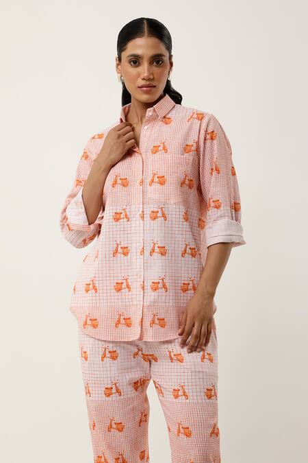 Jajaabor Orange Cotton Linen Printed Collared Scooter Shirt And Pant Set at Aza Fashions Jajaabor_Orange Cotton Linen Printed Collared Scooter Shirt And Pant Set _at_Aza_Fashions