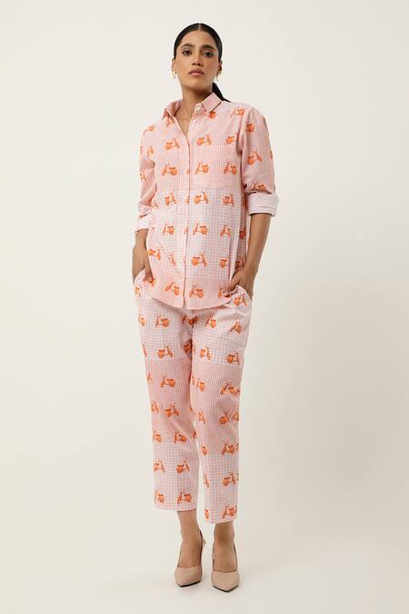 Buy Jajaabor Orange Cotton Linen Printed Collared Scooter Shirt And Pant Set Buy_Jajaabor_Orange Cotton Linen Printed Collared Scooter Shirt And Pant Set
