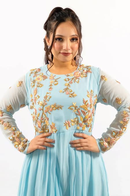 Hasrat By Salma Blue Georgette Embroidery Round Neck Floral Kurti Online at Aza Fashions Hasrat By Salma_Blue Georgette Embroidery Round Neck Floral Kurti _Online_at_Aza_Fashions