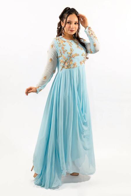 Buy Hasrat By Salma Blue Georgette Embroidery Round Neck Floral Kurti Online at Aza Fashions Buy_Hasrat By Salma_Blue Georgette Embroidery Round Neck Floral Kurti _Online_at_Aza_Fashions