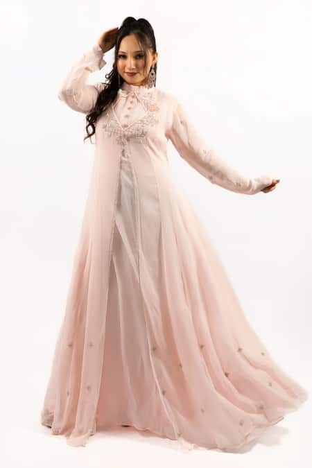 Shop_Hasrat By Salma_Pink Georgette Hand Embroidery Floral Collar Kurti _at_Aza_Fashions