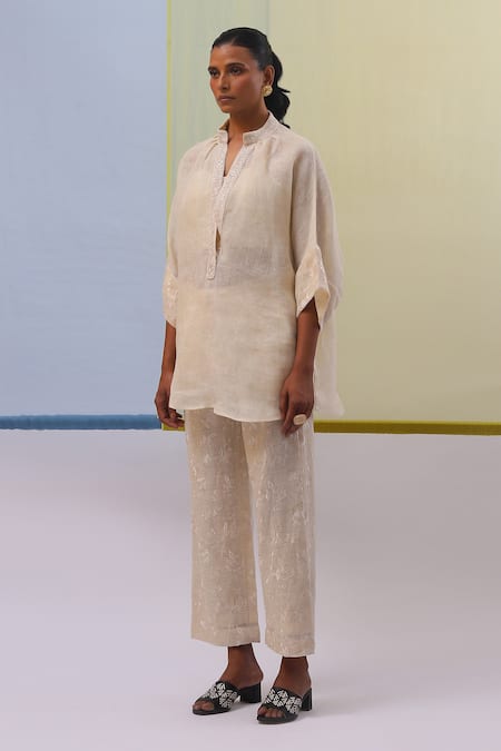 Shop Sue Mue Beige Linen Embroidery Collared Naima Gul Pure Tunic With Pant at Aza Fashions Shop_Sue Mue_Beige Linen Embroidery Collared Naima Gul Pure Tunic With Pant _at_Aza_Fashions
