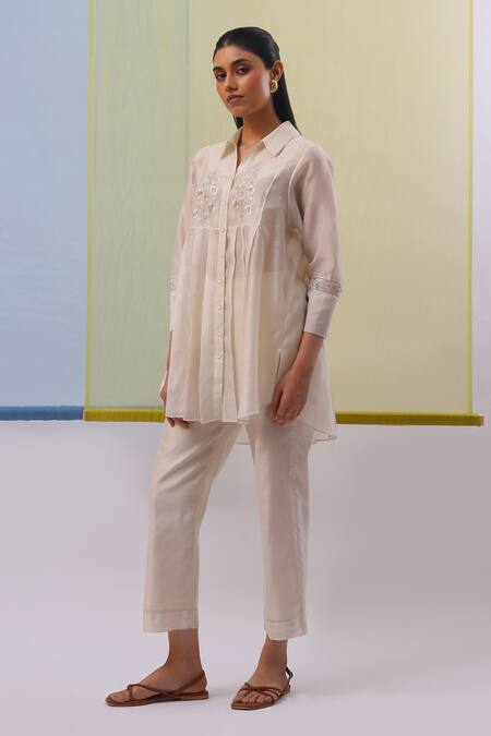 Shop Sue Mue Off White , Cotton, Leen Bloom Gara Pleated Tunic With Pant Online at Aza Fashions Shop_Sue Mue_Off White , Cotton, Leen Bloom Gara Pleated Tunic With Pant _Online_at_Aza_Fashions