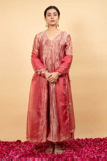 Shop Kkanyaah Coral Tissue, Cotton, Organza Sequins, Embroidery V-neck Angrakha Anarkali Set Shop_Kkanyaah_Coral Tissue, Cotton, Organza Sequins, Embroidery V-neck Angrakha Anarkali Set