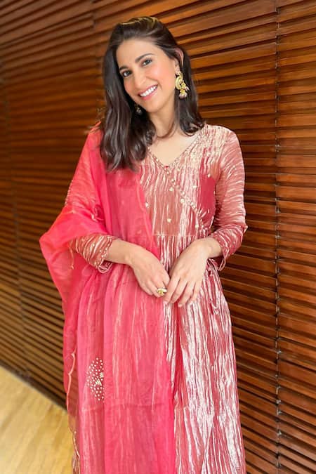 KKANYAAH Orange Tissue, Cotton, Organza Sequins, Embroidery V-neck Angrakha Anarkali Set at Aza Fashions KKANYAAH_Orange Tissue, Cotton, Organza Sequins, Embroidery V-neck Angrakha Anarkali Set _at_Aza_Fashions