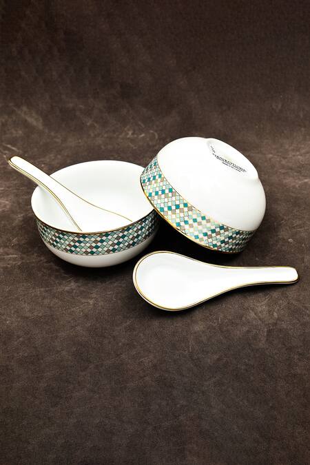 Shop_Ichkan_Green Porcelain Christolite Tile Print Dinner Set_Online_at_Aza_Fashions