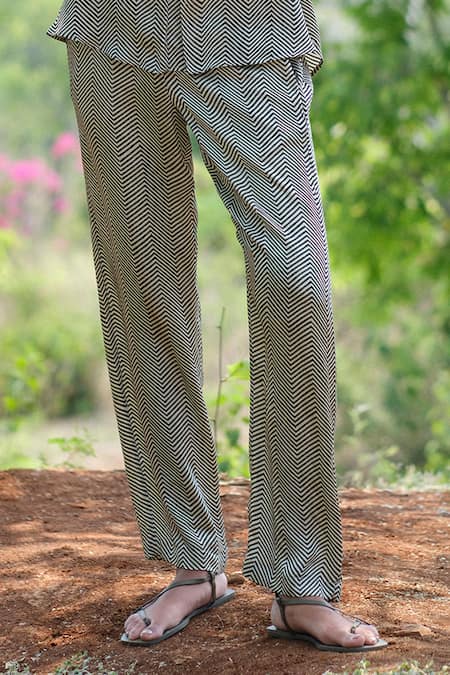 Grassroot By Anita Dongre_Black Modal Collared Chevron Block Printed Shirt And Pant Co-ord Set_Online_at_Aza_Fashions
