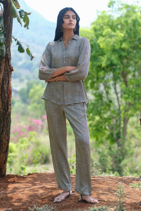Shop_Grassroot By Anita Dongre_Black Modal Collared Chevron Block Printed Shirt And Pant Co-ord Set_Online_at_Aza_Fashions
