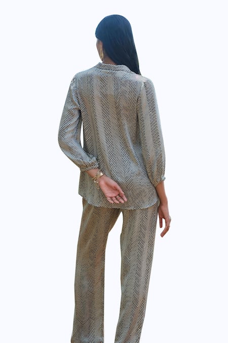 Grassroot By Anita Dongre_Black Modal Collared Chevron Block Printed Shirt And Pant Co-ord Set_at_Aza_Fashions