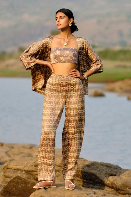 Grassroot By Anita Dongre Gold 100% Modal Printed Geometric Jacket Open Overlay Pant Set 