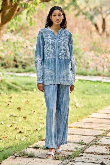 Buy_Grassroot By Anita Dongre_Blue Bamboo, Linen Embroidery Collared Creek Hand Top With Pant_Online_at_Aza_Fashions