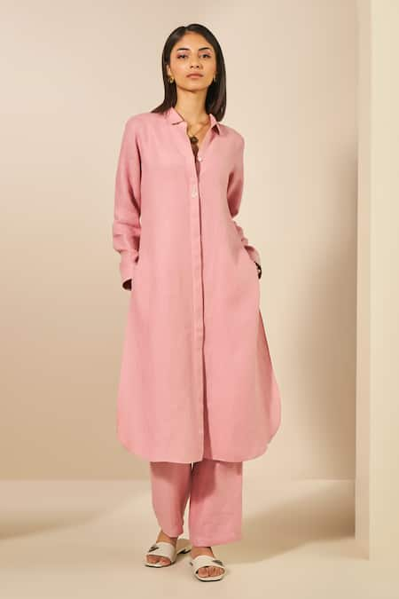 Grassroot By Anita Dongre Pink 100% Hemp Embroidered Thread Quartz Placement Kurta And Pant Co-ord Set 