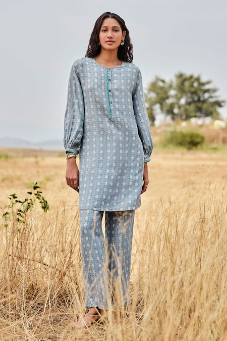 Grassroot By Anita Dongre Blue Exce Linen Block Print Leaf Round Inland Hand Kurta With Pant 