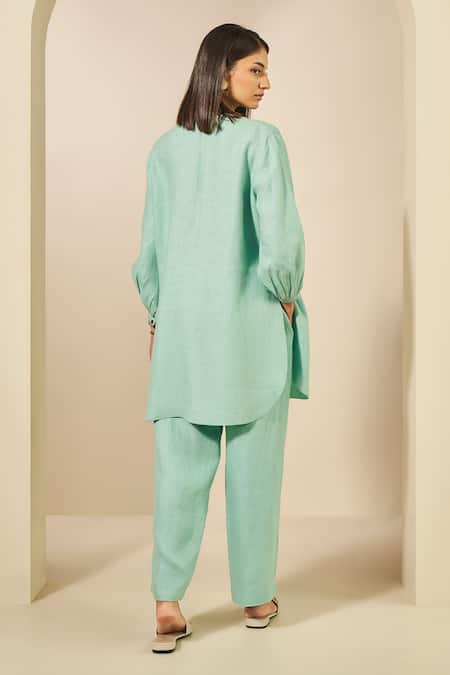 Shop Grassroot By Anita Dongre Green Hemp Embroidery Round Neck Whirl Thread Placket Kurta With Pant at Aza Fashions Shop_Grassroot By Anita Dongre_Green Hemp Embroidery Round Neck Whirl Thread Placket Kurta With Pant_at_Aza_Fashions