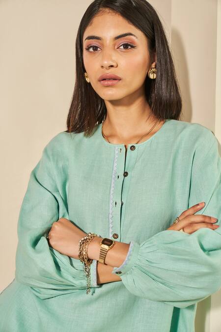 Grassroot By Anita Dongre Green Hemp Embroidery Round Neck Whirl Thread Placket Kurta With Pant at Aza Fashions Grassroot By Anita Dongre_Green Hemp Embroidery Round Neck Whirl Thread Placket Kurta With Pant_at_Aza_Fashions