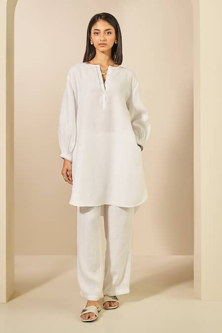 Grassroot By Anita Dongre White Hemp Thread Round Whirl Embroidered Placket Kurta And Pant Set 