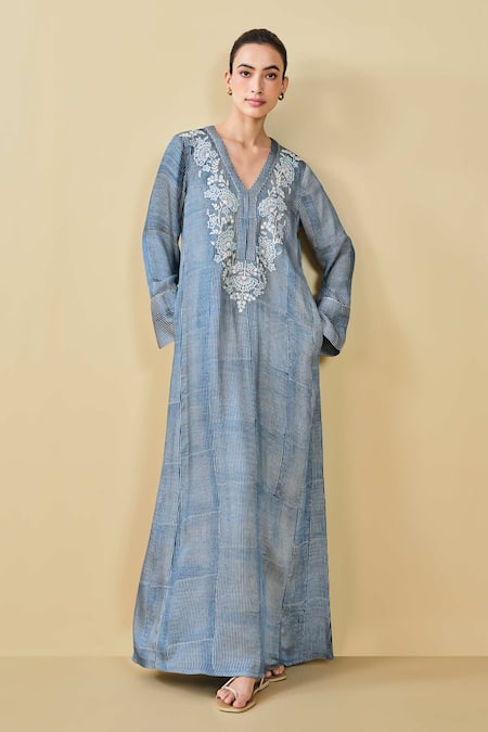 Grassroot By Anita Dongre Blue Modal Satin Hand Block Print Stripe V Neck Stream Kaftan 