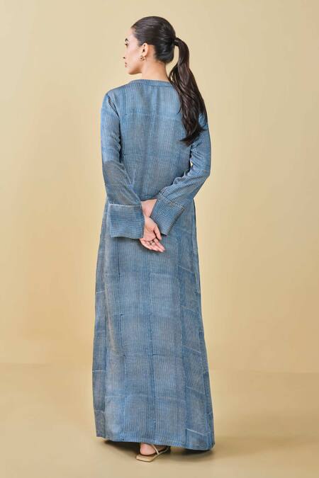 Shop Grassroot By Anita Dongre Blue Modal Satin Hand Block Print Stripe V Neck Stream Kaftan at Aza Fashions Shop_Grassroot By Anita Dongre_Blue Modal Satin Hand Block Print Stripe V Neck Stream Kaftan_at_Aza_Fashions