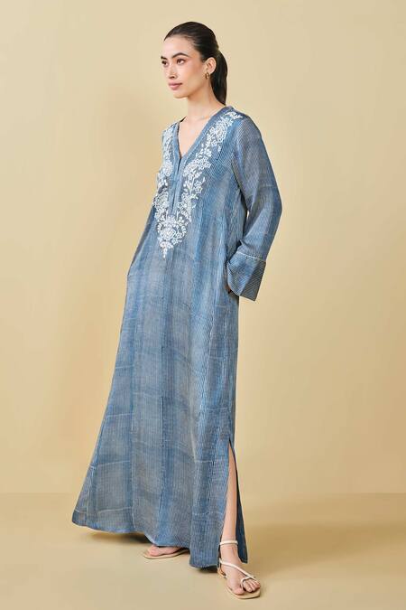 Grassroot By Anita Dongre Blue Modal Satin Hand Block Print Stripe V Neck Stream Kaftan Online at Aza Fashions Grassroot By Anita Dongre_Blue Modal Satin Hand Block Print Stripe V Neck Stream Kaftan_Online_at_Aza_Fashions