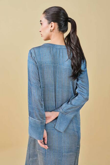 Shop Grassroot By Anita Dongre Blue Modal Satin Hand Block Print Stripe V Neck Stream Kaftan Online at Aza Fashions Shop_Grassroot By Anita Dongre_Blue Modal Satin Hand Block Print Stripe V Neck Stream Kaftan_Online_at_Aza_Fashions