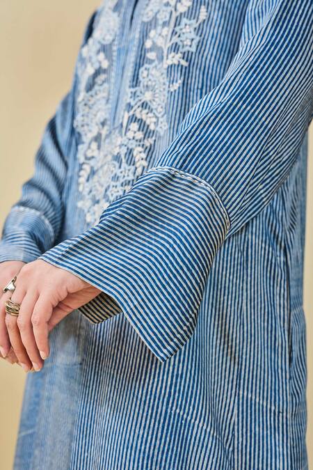 Grassroot By Anita Dongre Blue Modal Satin Hand Block Print Stripe V Neck Stream Kaftan at Aza Fashions Grassroot By Anita Dongre_Blue Modal Satin Hand Block Print Stripe V Neck Stream Kaftan_at_Aza_Fashions