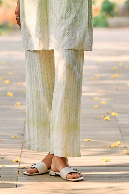 Shop_Grassroot By Anita Dongre_Green Bamboo, Linen Embroidery High Neck Sojourn Hand Kurta And Pant Set _Online_at_Aza_Fashions