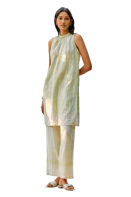 Grassroot By Anita Dongre_Green Bamboo, Linen Embroidery High Neck Sojourn Hand Kurta And Pant Set _at_Aza_Fashions