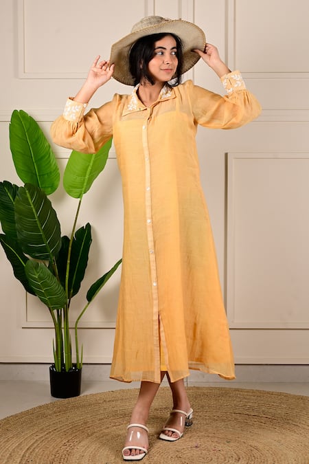Kkanyaah_Yellow Handloom Cotton, Silk Embroidery Shawl Neck Threadwork Placement Dress _Online_at_Aza_Fashions