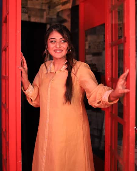 Shop_Kkanyaah_Yellow Handloom Cotton, Silk Embroidery Shawl Neck Threadwork Placement Dress 