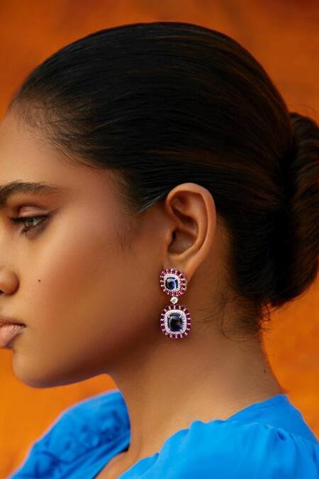 Mirelle Red Crystals Naomi Ruby And Tanzanite Embellished Danglers